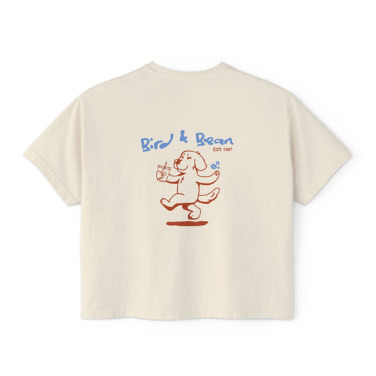 Women's Boxy Tee — Cute 'Bird & Bean' Dog Graphic Tee with "It's All About Love" Slogan