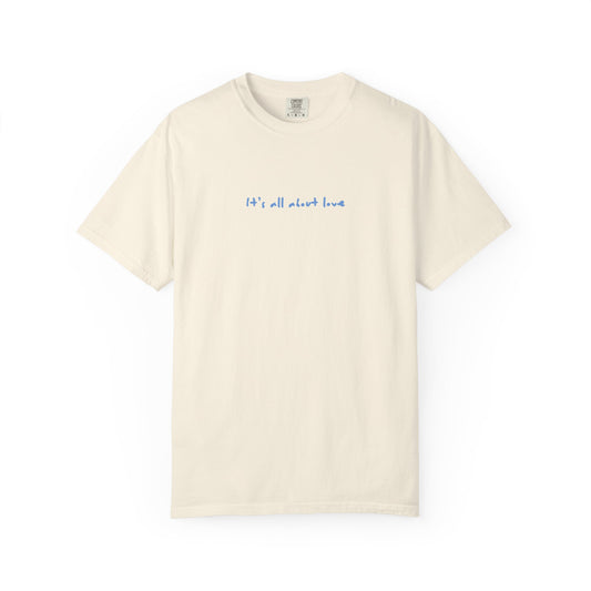 Bird & Bean Dog Illustration T-shirt | front script 'it's all about love'