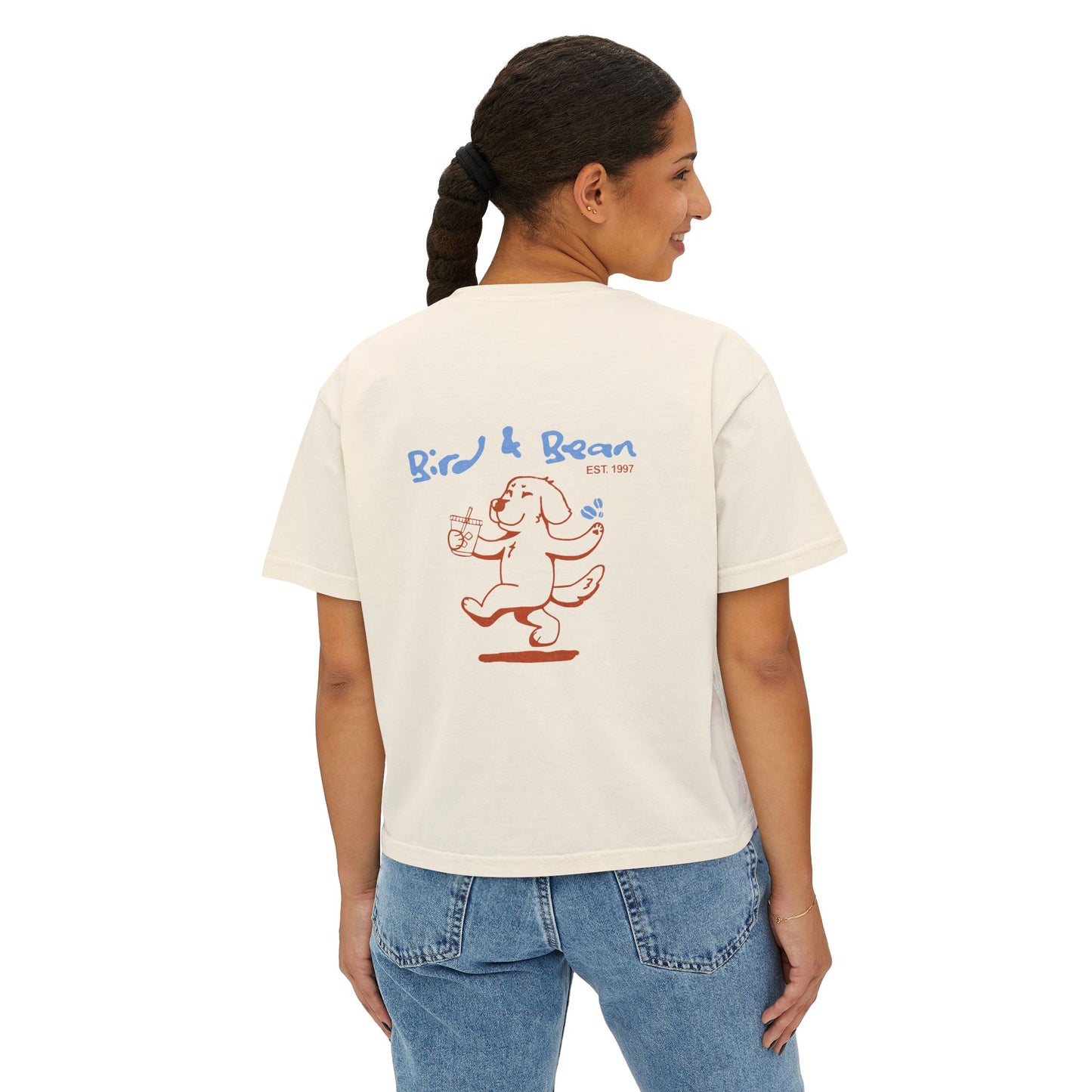 Women's Boxy Tee — Cute 'Bird & Bean' Dog Graphic Tee with "It's All About Love" Slogan