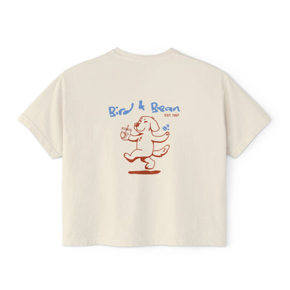 Women's Boxy Tee — Cute 'Bird & Bean' Dog Graphic Tee with "It's All About Love" Slogan