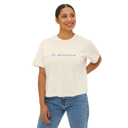 Women's Boxy Tee — Cute 'Bird & Bean' Dog Graphic Tee with "It's All About Love" Slogan