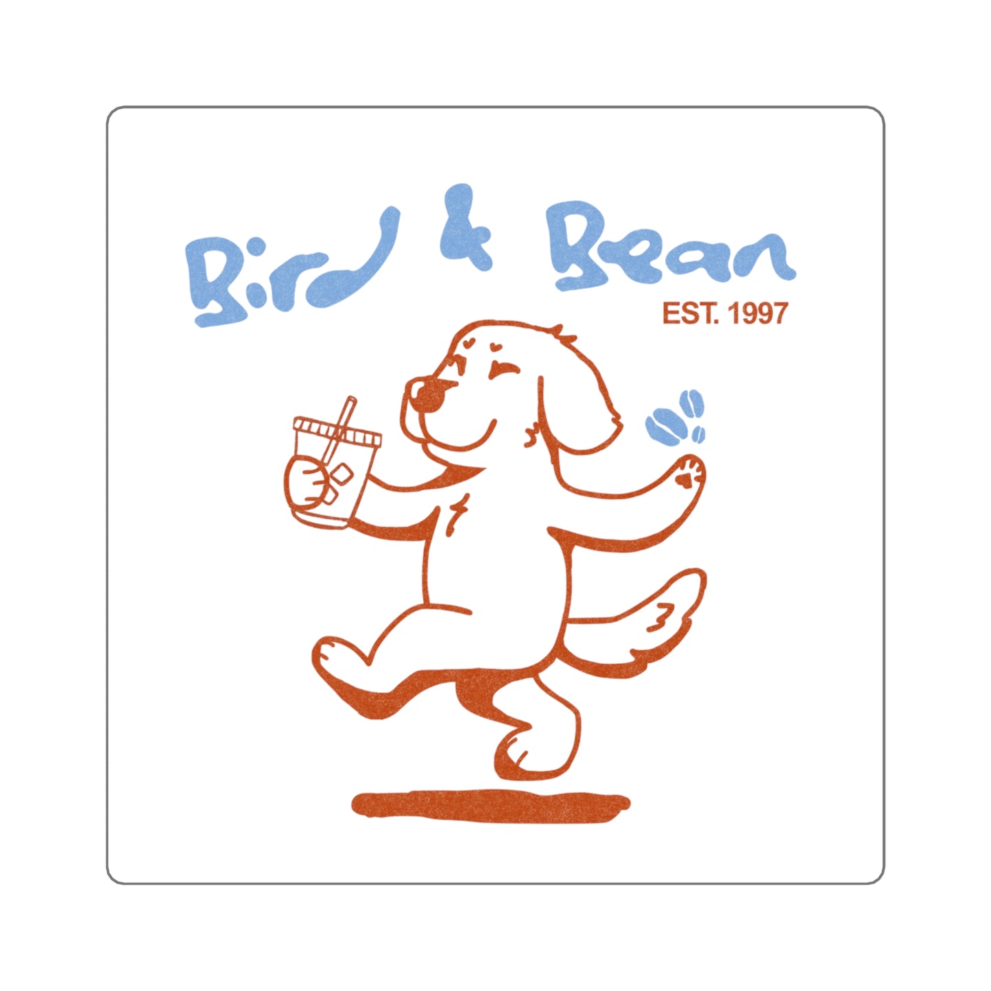 Bird & Bean Square Sticker — Cute Dancing Dog Coffee Logo (Est. 1997)