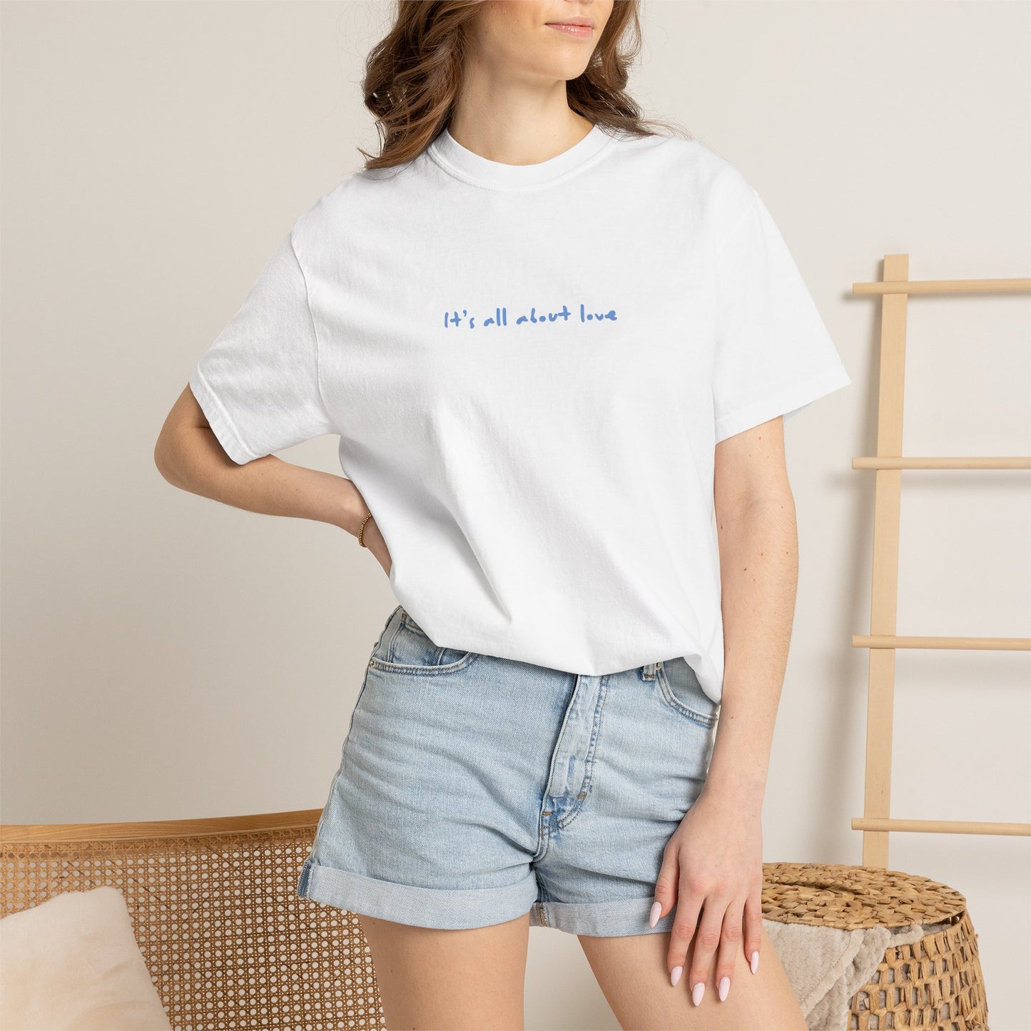 Bird & Bean Dog Illustration T-shirt | front script 'it's all about love'