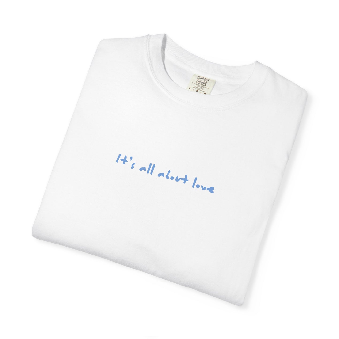 Bird & Bean Dog Illustration T-shirt | front script 'it's all about love'