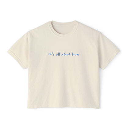 Women's Boxy Tee — Cute 'Bird & Bean' Dog Graphic Tee with "It's All About Love" Slogan
