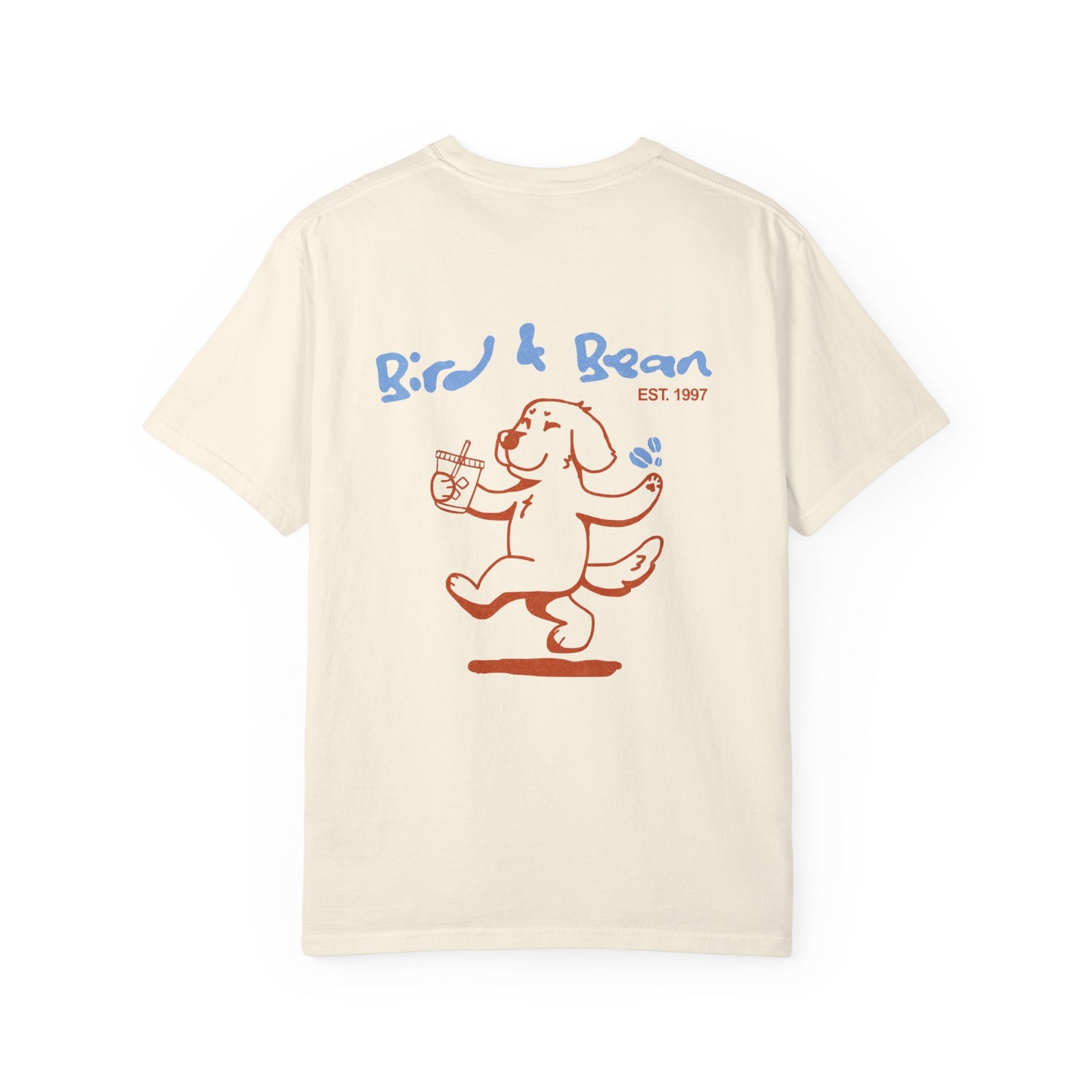 Bird & Bean Dog Illustration T-shirt | front script 'it's all about love'