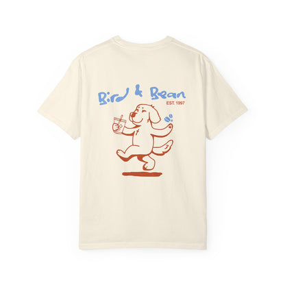 Bird & Bean Dog Illustration T-shirt | front script 'it's all about love'