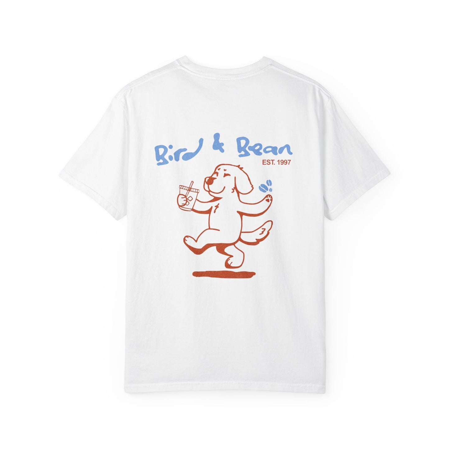 Bird & Bean Dog Illustration T-shirt | front script 'it's all about love'
