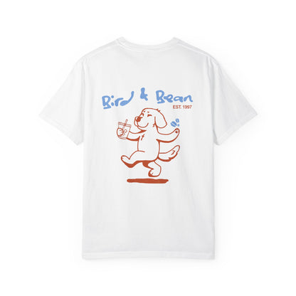 Bird & Bean Dog Illustration T-shirt | front script 'it's all about love'