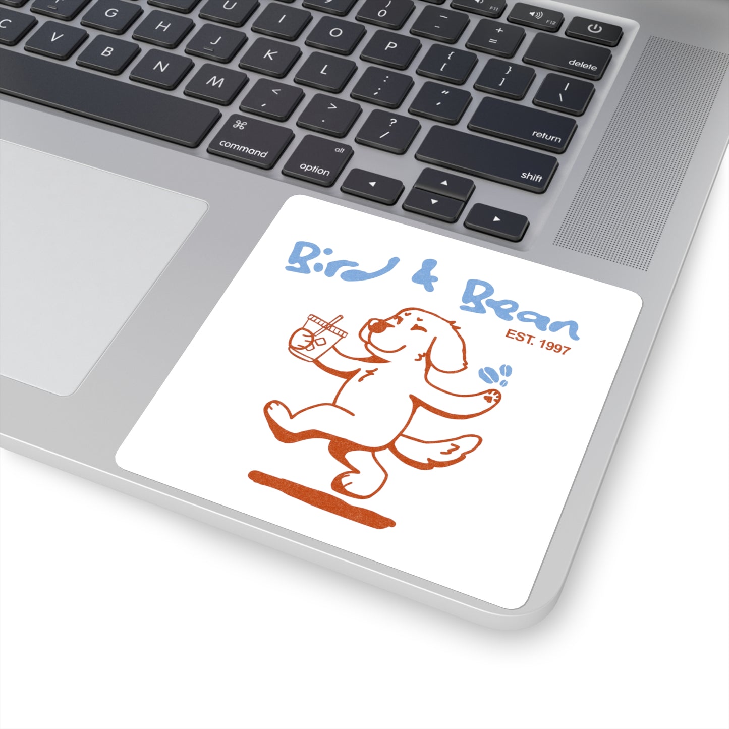Bird & Bean Square Sticker — Cute Dancing Dog Coffee Logo (Est. 1997)