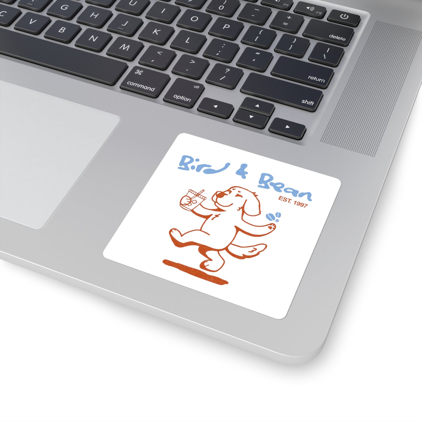 Bird & Bean Square Sticker — Cute Dancing Dog Coffee Logo (Est. 1997)
