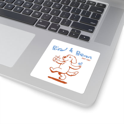 Bird & Bean Square Sticker — Cute Dancing Dog Coffee Logo (Est. 1997)