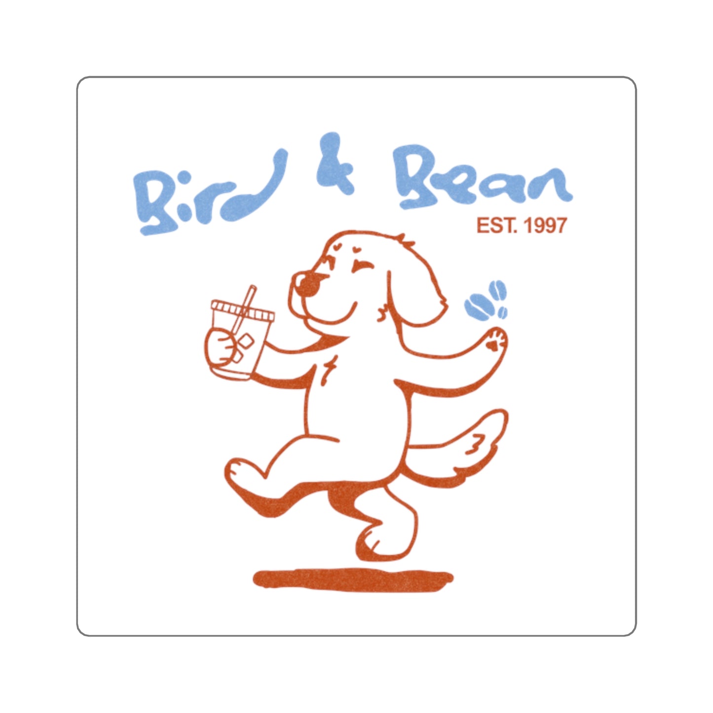 Bird & Bean Square Sticker — Cute Dancing Dog Coffee Logo (Est. 1997)