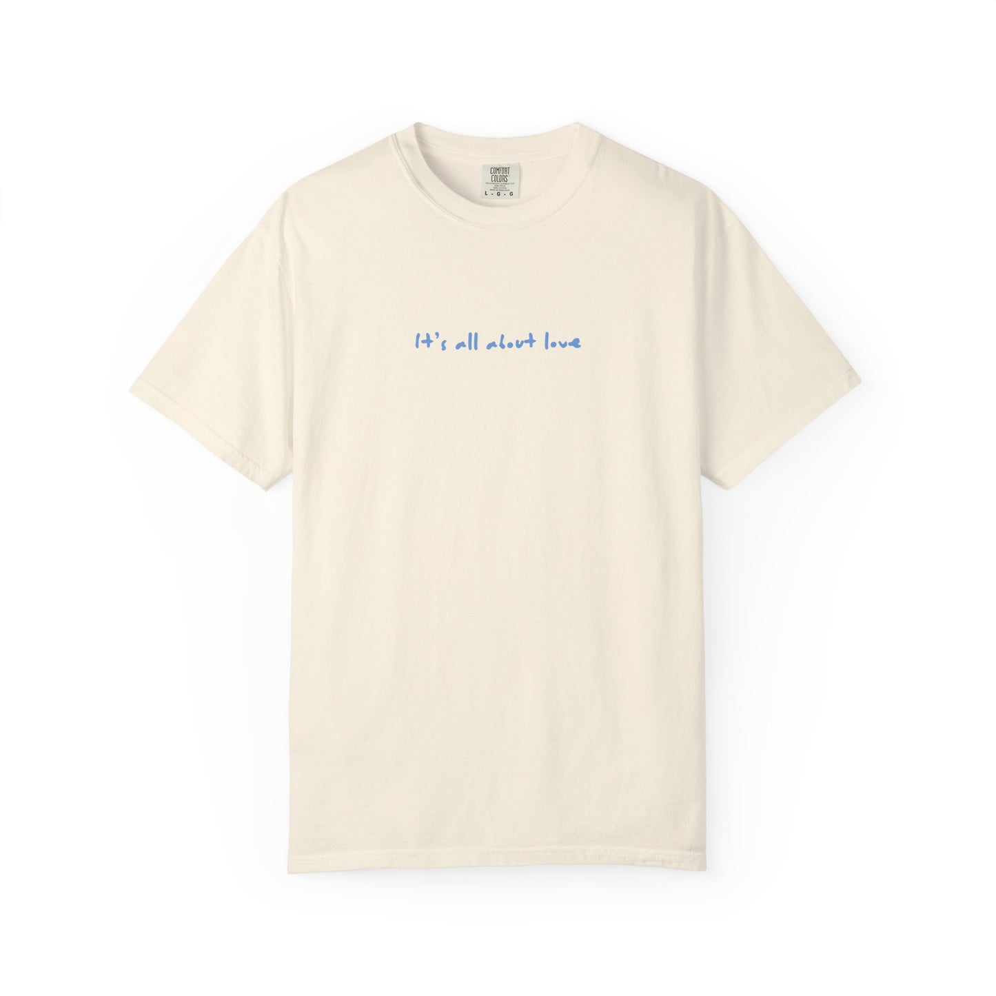 Bird & Bean Dog Illustration T-shirt | front script 'it's all about love'