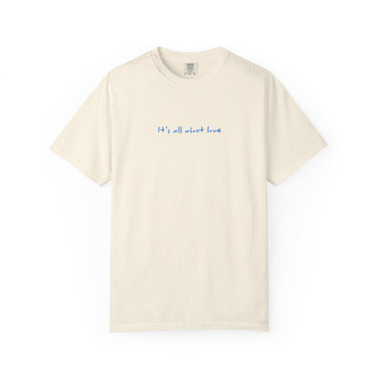 Bird & Bean Dog Illustration T-shirt | front script 'it's all about love'