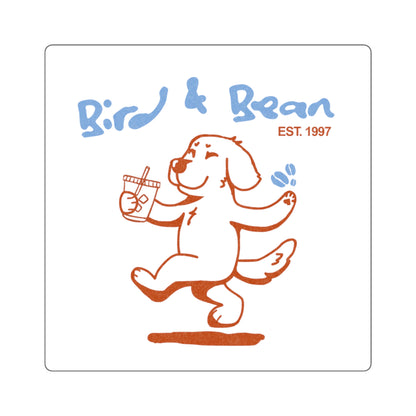 Bird & Bean Square Sticker — Cute Dancing Dog Coffee Logo (Est. 1997)