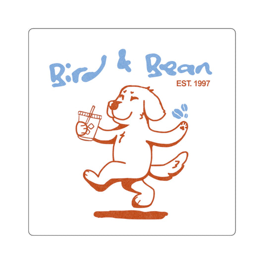 Bird & Bean Square Sticker — Cute Dancing Dog Coffee Logo (Est. 1997)