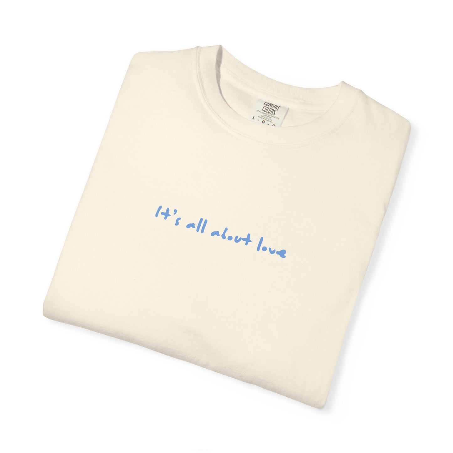 Bird & Bean Dog Illustration T-shirt | front script 'it's all about love'