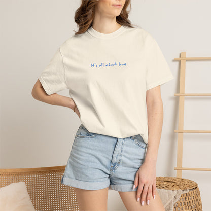 Bird & Bean Dog Illustration T-shirt | front script 'it's all about love'